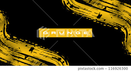 Abstract Black and Yellow Dirty Grunge Background with Halftone Effect. Sports Background with Brush Stroke Illustration 116926300