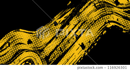 Abstract Black and Yellow Dirty Grunge Background with Halftone Effect. Sports Background with Brush Stroke Illustration 116926301