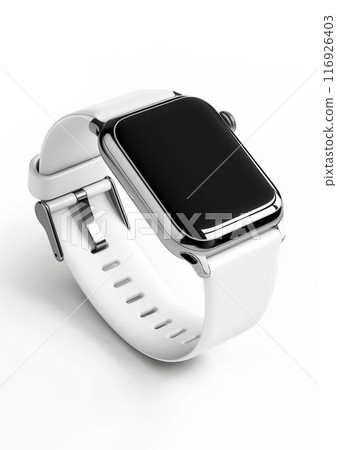 Sleek smart watch with a white band and black screen, featuring modern design and minimalist aesthetics 116926403