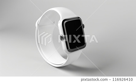 Elegant white sport smart watch mockup wuth black screen, featuring modern design and minimalist aesthetics. 116926410