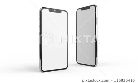 Modern smartphone mockups with empty screens, displayed on a plain background for versatile use in design projects. Modern smartphone mockups with empty screens, displayed on a plain background for versatile use in design projects. 116926416
