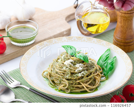 Bright green pasta with Genovese basil Bright green pasta with Genovese basil 116926457