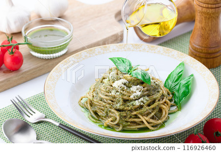 Bright green pasta with Genovese basil Bright green pasta with Genovese basil 116926460