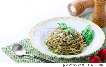 Bright green pasta with Genovese basil 116926481
