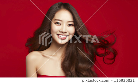 Portrait of a beautiful, sexy, happy smiling Asian woman with long hair, with perfect skin, white background, banner. Portrait of a beautiful, sexy, happy smiling Asian woman with long hair, with perfect skin, white background, banner. 116926821