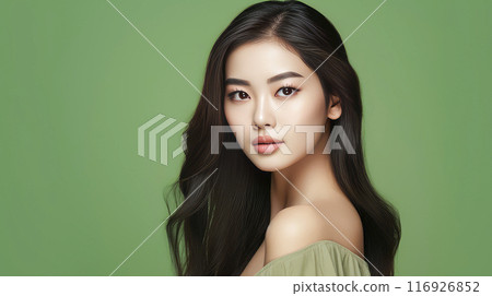 Portrait of a beautiful, sexy, smiling Asian woman with perfect skin, on a light green background, banner. 116926852