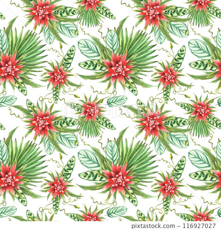Tropical leaves with red flowers, palm leaf, creeper foliage seamless pattern. Watercolor exotic plant. Bromeliad bud floral fabric. Watercolor hand drawn illustration on Isolated white background.  116927027