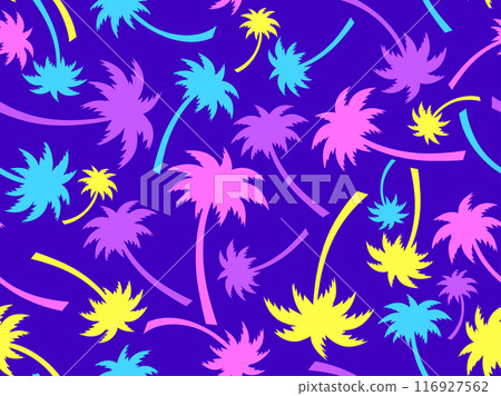 Colorful palm trees seamless pattern. Summer time, wallpaper with tropical palm trees on purple background. Design for printing t-shirts, banners and promotional items. Vector illustration 116927562