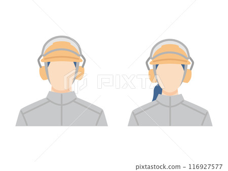 Men and women forestry workers wearing helmets and earmuffs Men and women forestry workers wearing helmets and earmuffs 116927577