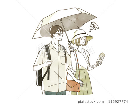 A man and a woman holding a parasol with a troubled expression 116927774