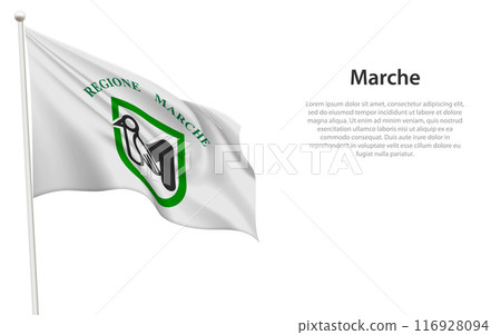 Isolated waving flag of Marche is a region Italy 116928094