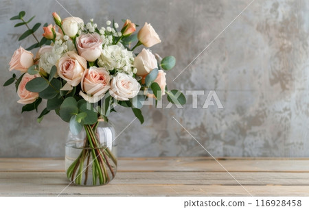 Pink Roses In Vase On Wooden Table 116928458