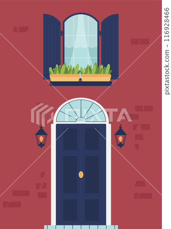 House architecture - vintage front door and window with shutters. Old England city House architecture - vintage front door and window with shutters. Old England city 116928466