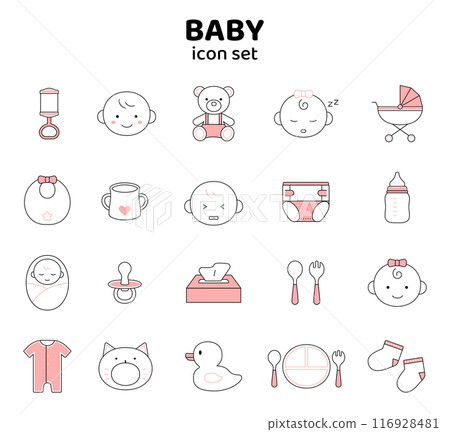 Baby icon set with lines, simple, cute, illustration, childbirth, childcare, infant, pink 116928481