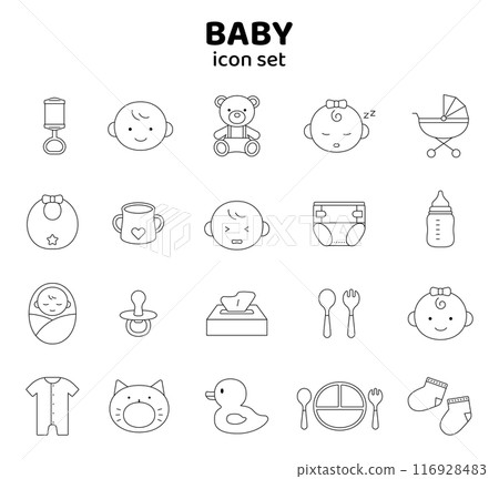 Baby icon set with lines, simple, cute, illustration, childbirth, childcare, infant, black and white 116928483