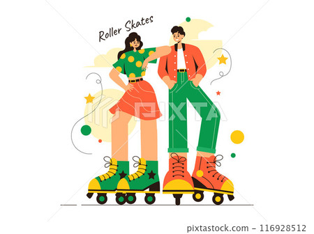 People Riding Roller Skates in a City Park for Outdoor Activities, Sports Recreation or Weekend Leisure on Flat Cartoon Background Vector Illustration 116928512