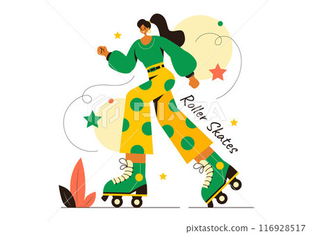People Riding Roller Skates in a City Park for Outdoor Activities, Sports Recreation or Weekend Leisure on Flat Cartoon Background Vector Illustration 116928517