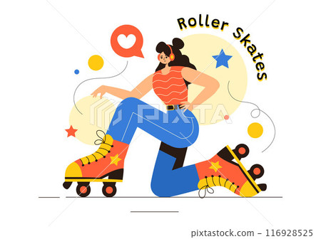People Riding Roller Skates in a City Park for Outdoor Activities, Sports Recreation or Weekend Leisure on Flat Cartoon Background Vector Illustration 116928525