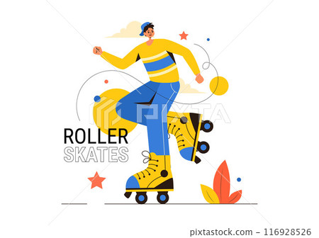 People Riding Roller Skates in a City Park for Outdoor Activities, Sports Recreation or Weekend Leisure on Flat Cartoon Background Vector Illustration 116928526