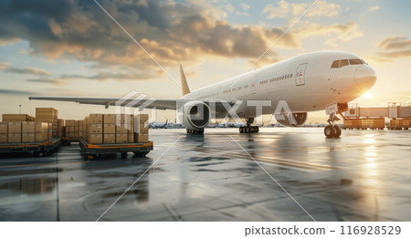 Airplane Cargo Loading at Sunset Airplane Cargo Loading at Sunset 116928529