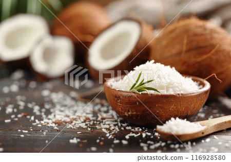 Coconut Products on Wooden Table 116928580
