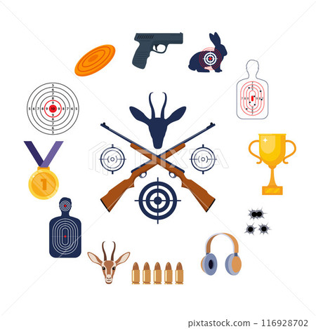 Hunting club emblem logo with crossed rifles. Shooting accessories around. Target, rifle, bullets, headphones, gold cup, medal, shooting clay. Vector. 116928702