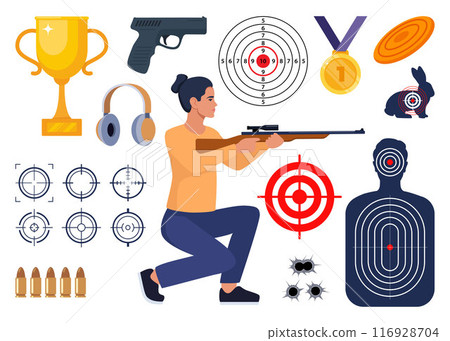 Shooting and hunting equipment elements. Shooting Skeet. Shooting club and range weapons and accessories. Shooter, rifle, bullet, headphones, gold cup, medal. Human, animal shoot target. Vector. 116928704