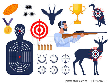 Shooting and hunting equipment elements. Shooting Skeet. Shooting club and range weapons and accessories. Shooter, rifle, bullet, headphones, gold cup, medal. Human, animal shoot target. Vector. 116928708