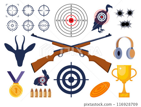 Shooting and hunting equipment elements. Shooting Skeet. Shooting club and range weapons and accessories. Shooter, rifle, bullet, headphones, gold cup, medal. Human, animal shoot target. Vector. 116928709