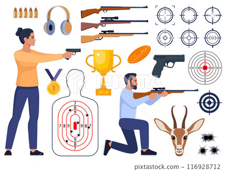 Shooting and hunting equipment elements. Shooting Skeet. Shooting club and range weapons and accessories. Shooter, rifle, bullet, headphones, gold cup, medal. Human, animal shoot target. Vector. 116928712