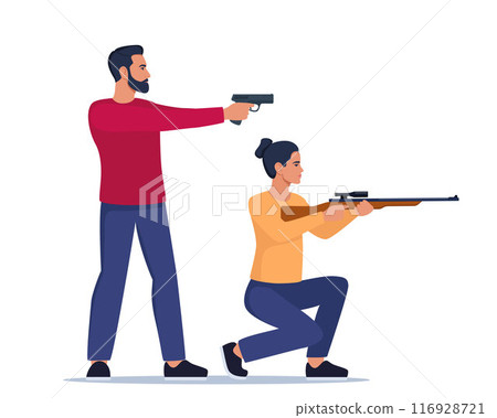 Sport shooting. Aiming woman with rifle and man with pistol. Outdoor hobby, shooting. Shooters defends property. Military outdoor skills. Vector. Sport shooting. Aiming woman with rifle and man with pistol. Outdoor hobby, shooting. Shooters defends property. Military outdoor skills. Vector. 116928721