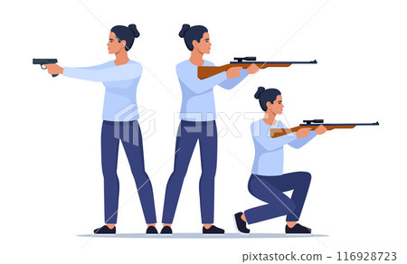 Sport shooting. Aiming woman with rifle and pistol in different poses. Outdoor hobby, shooting. Woman shooter defends property. Military outdoor skills. Vector. Sport shooting. Aiming woman with rifle and pistol in different poses. Outdoor hobby, shooting. Woman shooter defends property. Military outdoor skills. Vector. 116928723