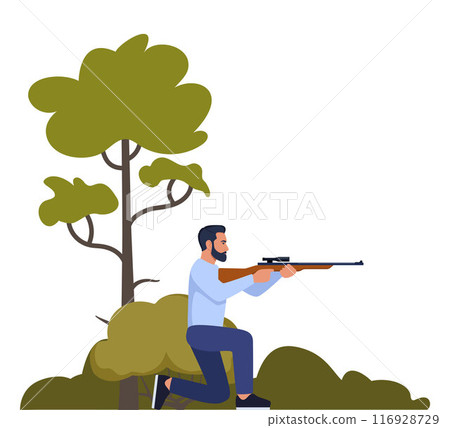 Sport shooting. Aiming man with rifle. Outdoor hobby, hunting. Man shooter defends property. Military outdoor skills. Vector. 116928729