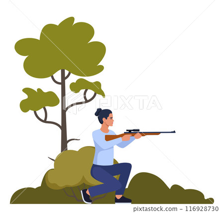 Sport shooting. Aiming woman with rifle. Outdoor hobby, hunting. Woman shooter defends property. Military outdoor skills. Vector. 116928730