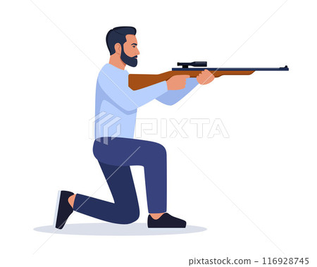 Sport shooting. Aiming man with rifle. Outdoor hobby, hunting. Man shooter defends property. Military outdoor skills. Vector. 116928745