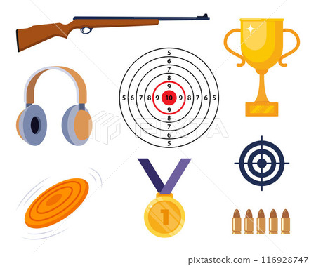 Shooting club and range weapons and accessories, flat vector isolated illustration. Target, rifle, bullets, headphones, gold cup, medal. Vector. 116928747
