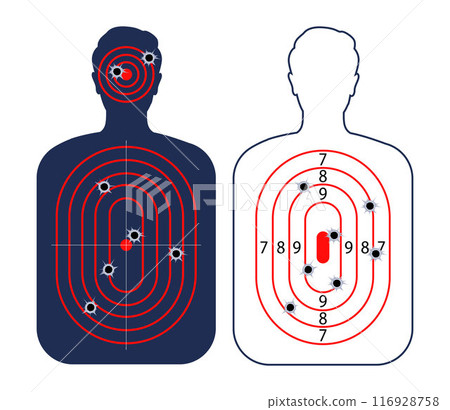 Human shoot target. Firearm and archery shooting range practicing human torso silhouette, sniping sport competition, military or police weapon training. Vector target with scoring sections. Human shoot target. Firearm and archery shooting range practicing human torso silhouette, sniping sport competition, military or police weapon training. Vector target with scoring sections. 116928758