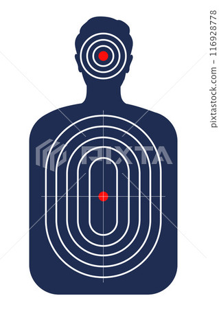 Human shoot target. Firearm and archery shooting range practicing human torso silhouette, sniping sport competition, military or police weapon training. Vector target with scoring sections. 116928778