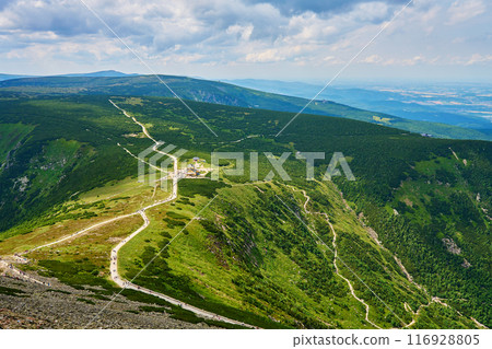 Beautiful panoramic view of green mountain valley with winding mountain trail leading to summit of Sniezka and hiker tourists on path in Karpacz, Poland. Travel tourism and hiking concept Beautiful panoramic view of green mountain valley with winding mountain trail leading to summit of Sniezka and hiker tourists on path in Karpacz, Poland. Travel tourism and hiking concept 116928805