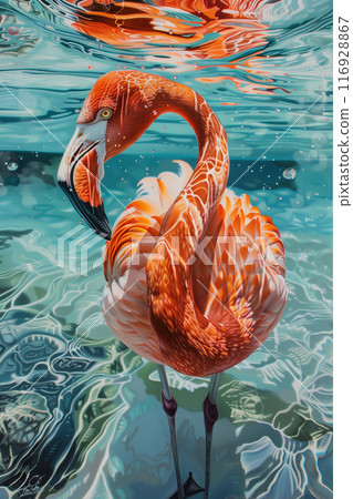 Closeup of a flamingo wading in the sea with beautiful reflections in the water 116928867