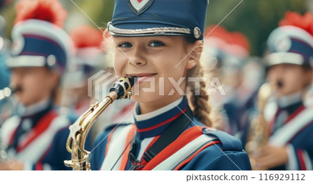 Woman Playing Saxophone in Marching Band 116929112