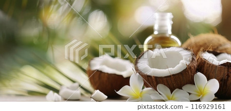 Coconut Drink and Flowers on a Table 116929161