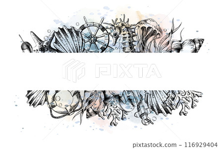 Marine animals with an anchor, a lifebuoy and a steering wheel. Illustration of graphic line art in black and white, hand drawn. Horizontal board, frame for decoration and design 116929404