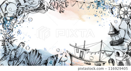 Lighthouse, boat and sea animals with paint spots and splashes. Illustration of graphic line art in black and white, hand drawn.. Frame for registration and design of cards, posters, invitations. Lighthouse, boat and sea animals with paint spots and splashes. Illustration of graphic line art in black and white, hand drawn.. Frame for registration and design of cards, posters, invitations. 116929405