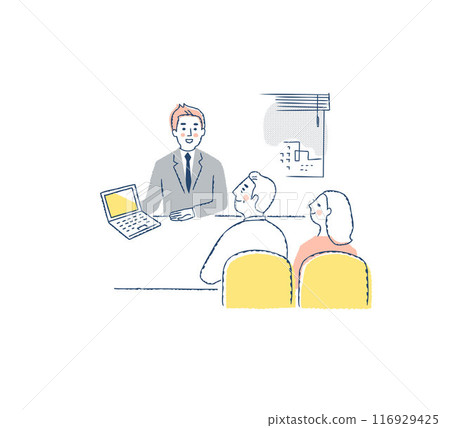 一對老夫婦正在與一位為顧客服務的商人進行諮詢 一對老夫婦正在與一位為顧客服務的商人進行諮詢 116929425