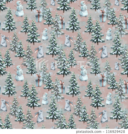 Winter seamless pattern on a pink background with Christmas trees, hares, snowmen, gifts. Watercolor illustration from a large set of COZY WINTER. For textiles, fabrics, wallpaper, packaging paper Winter seamless pattern on a pink background with Christmas trees, hares, snowmen, gifts. Watercolor illustration from a large set of COZY WINTER. For textiles, fabrics, wallpaper, packaging paper 116929428