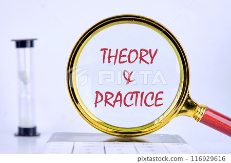 Text of Theory and Practice through the magnifying glass on the calculator next to the hourglass 116929616