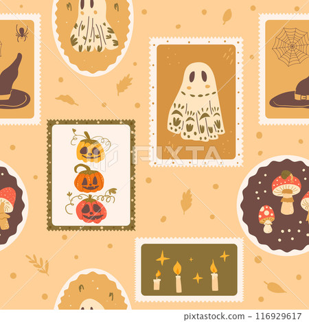 Halloween checked seamless pattern. Bento box All Hallows' Eve repeat background. Fly agaric, pumpkin and ghost with candles retro stamps endless surface design. Vector hand drawn illustration. Halloween checked seamless pattern. Bento box All Hallows' Eve repeat background. Fly agaric, pumpkin and ghost with candles retro stamps endless surface design. Vector hand drawn illustration. 116929617