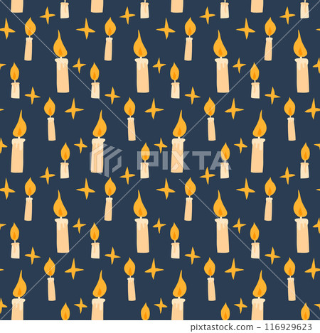 Night sky seamless pattern. Stars and candles endless background. Dark halloween repeat cover. Vector hand drawn illustration. 116929623