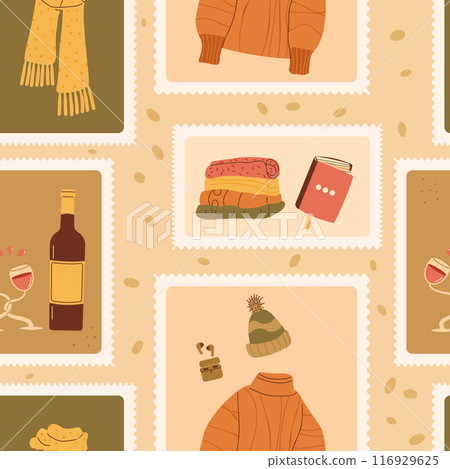 Winter checked seamless pattern. Bento box autumn repeat background. Hygge retro stamps endless design. Vector hand drawn illustration. Winter checked seamless pattern. Bento box autumn repeat background. Hygge retro stamps endless design. Vector hand drawn illustration. 116929625